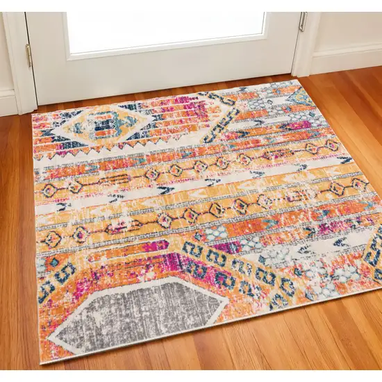 Yellow And Beige Abstract Square Rug Photo 1