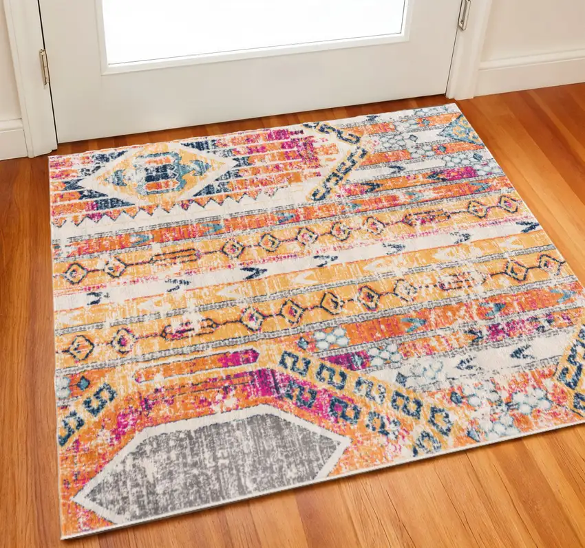 Yellow And Beige Abstract Square Rug Photo 1