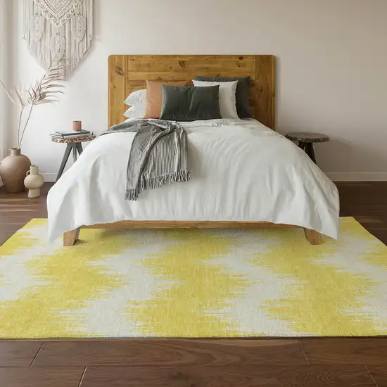 Yellow And Beige Chevron Washable Area Rug With UV Protection Photo 5