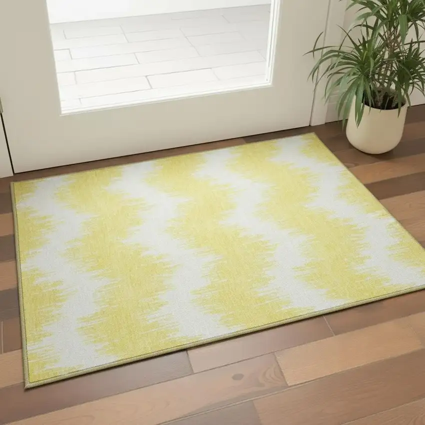 Yellow And Beige Chevron Washable Area Rug With UV Protection Photo 2
