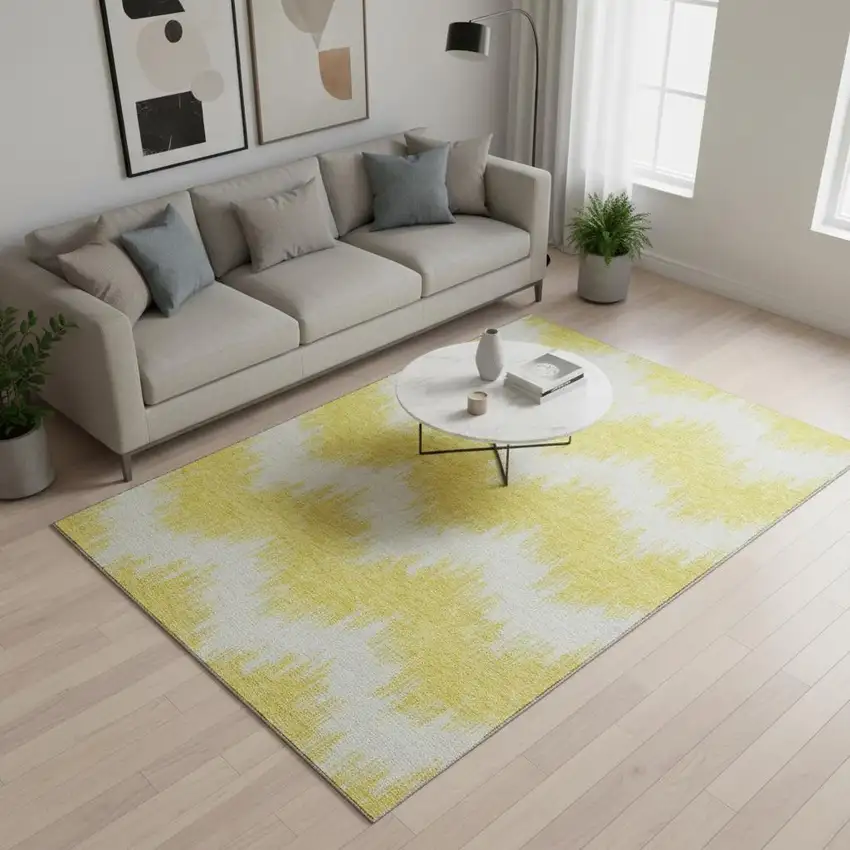 Yellow And Beige Chevron Washable Area Rug With UV Protection Photo 2