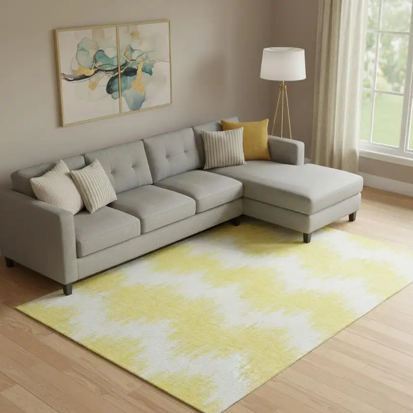 Yellow And Beige Chevron Washable Area Rug With UV Protection Photo 1