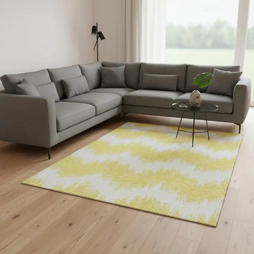 Yellow And Beige Chevron Washable Area Rug With UV Protection Photo 2