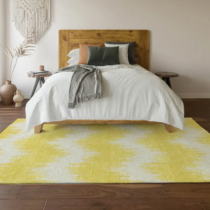 Yellow And Beige Chevron Washable Area Rug With UV Protection Photo 6