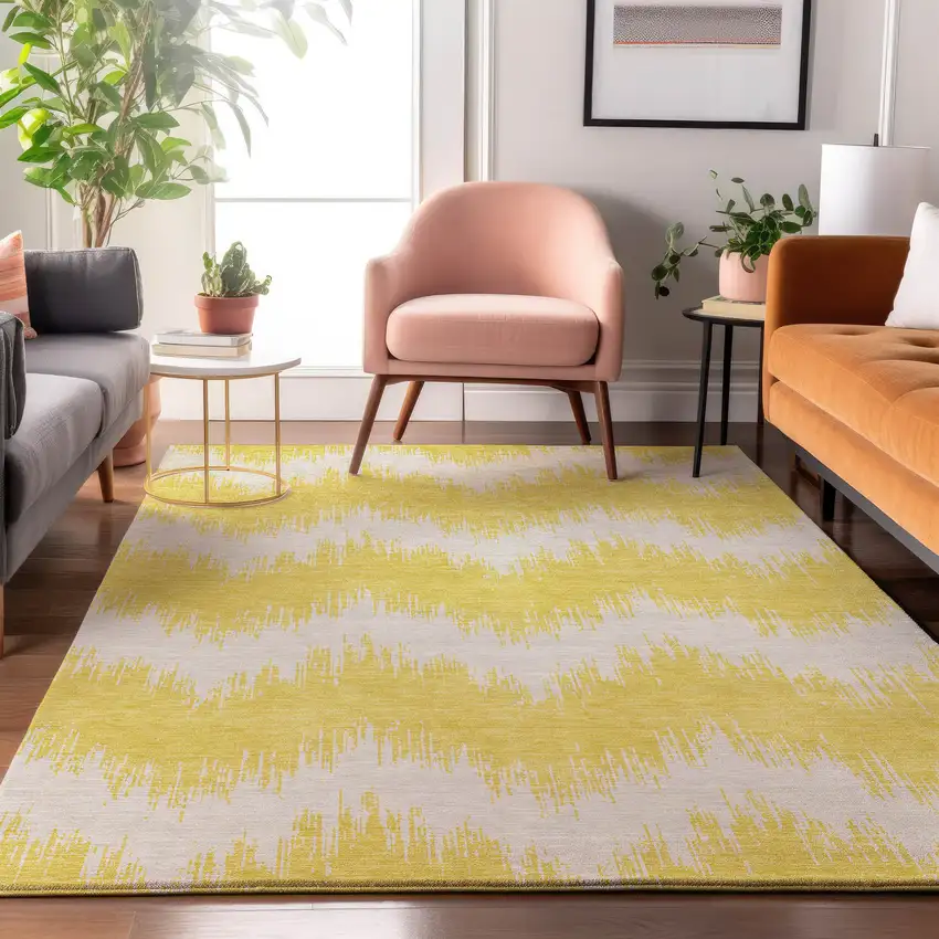 Yellow And Beige Chevron Washable Area Rug With UV Protection Photo 5