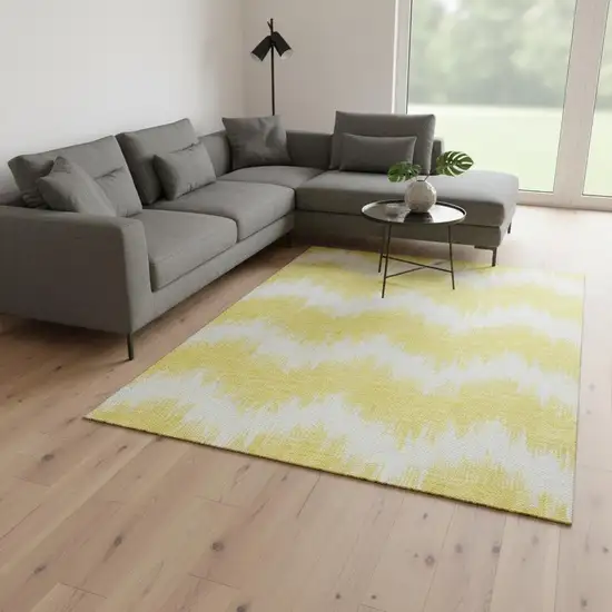 Yellow And Beige Chevron Washable Area Rug With UV Protection Photo 2