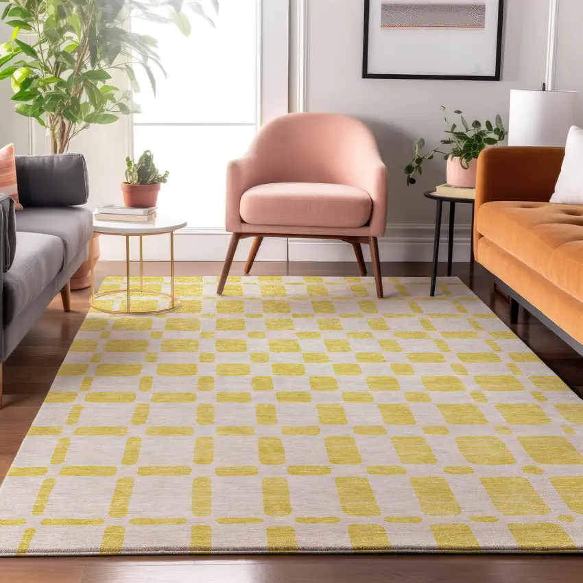 Yellow And Beige Geometric Washable Area Rug With UV Protection Photo 5