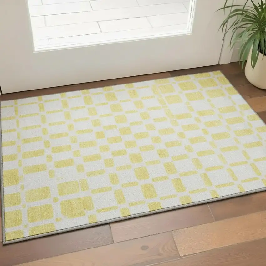 Yellow And Beige Geometric Washable Area Rug With UV Protection Photo 2