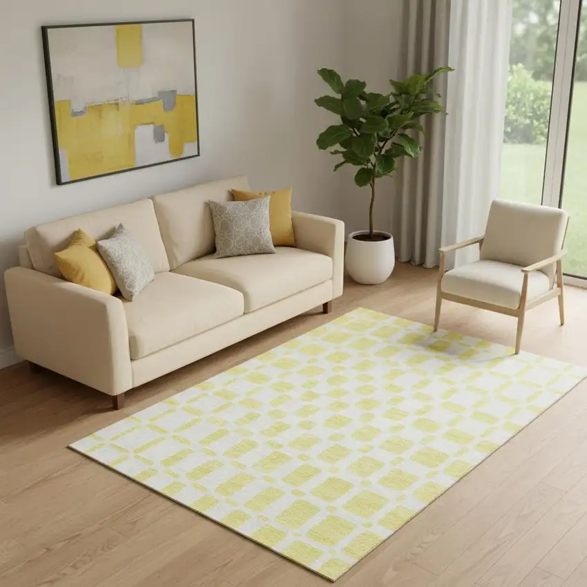 Yellow And Beige Geometric Washable Area Rug With UV Protection Photo 1