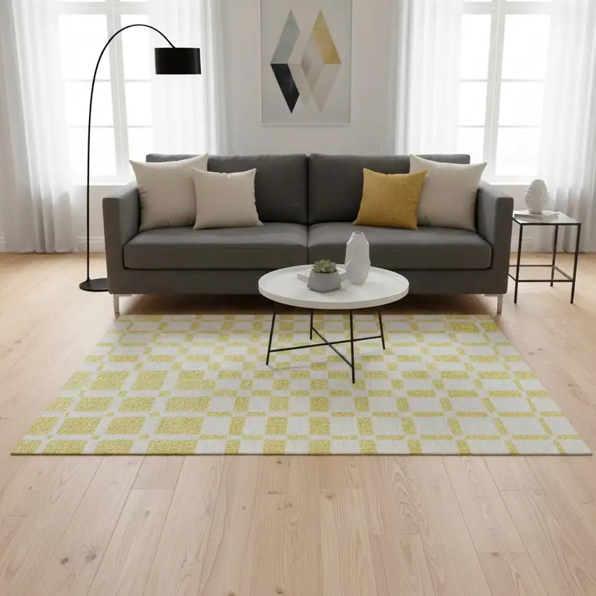 Yellow And Beige Geometric Washable Area Rug With UV Protection Photo 2