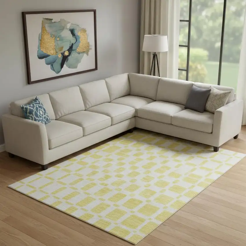 Yellow And Beige Geometric Washable Area Rug With UV Protection Photo 1