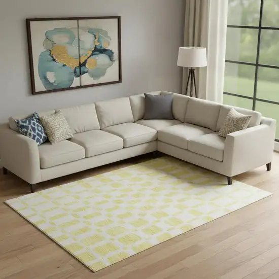 Yellow And Beige Geometric Washable Area Rug With UV Protection Photo 1