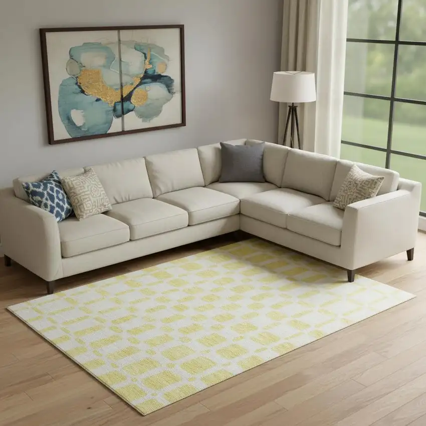 Yellow And Beige Geometric Washable Area Rug With UV Protection Photo 1