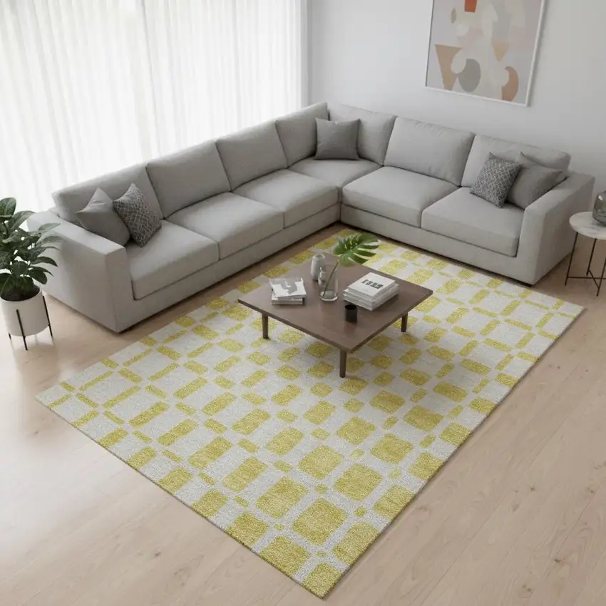Yellow And Beige Geometric Washable Area Rug With UV Protection Photo 2