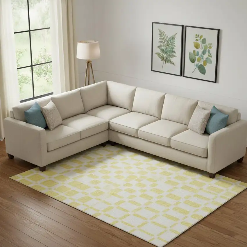 Yellow And Beige Geometric Washable Area Rug With UV Protection Photo 1
