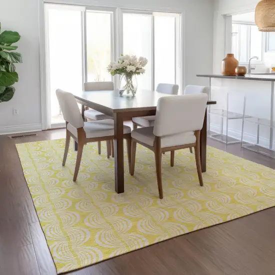 Yellow And Beige Ogee Washable Indoor Outdoor Area Rug Photo 9