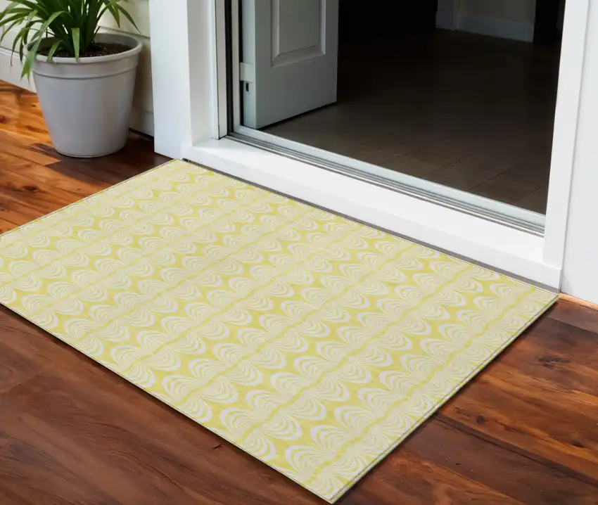 Yellow And Beige Ogee Washable Indoor Outdoor Area Rug Photo 1