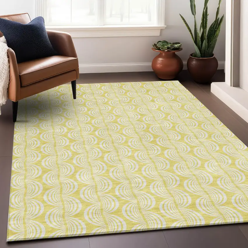 Yellow And Beige Ogee Washable Indoor Outdoor Area Rug Photo 8