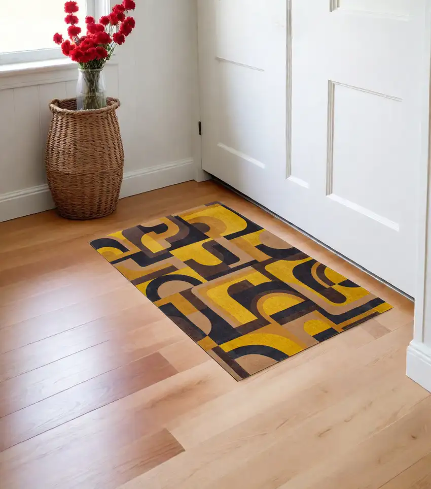 Yellow And Black Geometric Washable Area Rug Photo 1