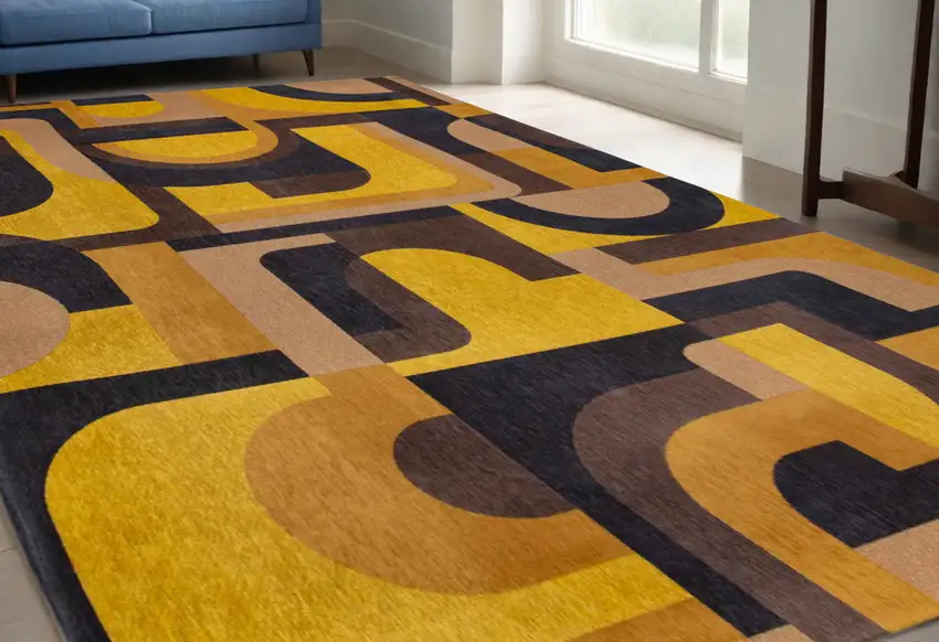 Yellow And Black Geometric Washable Area Rug Photo 1