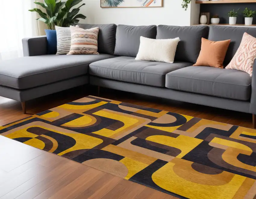 Yellow And Black Geometric Washable Area Rug Photo 1