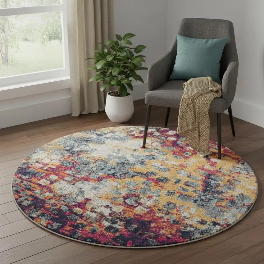 Yellow And Blue Abstract Round Rug Photo 1