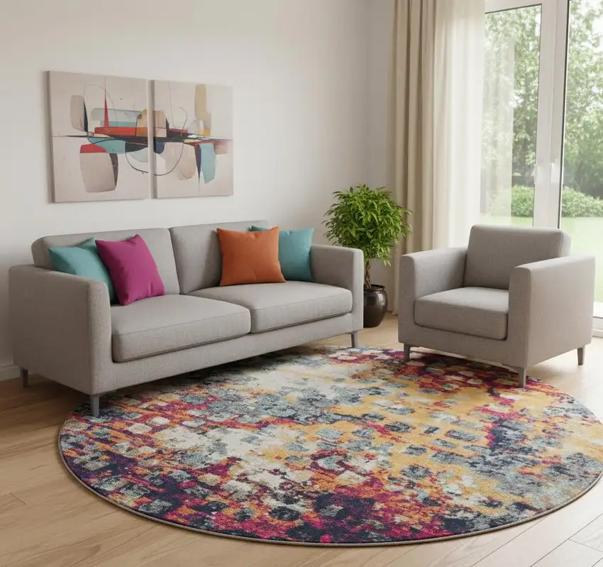 8' X 8' Yellow And Blue Abstract Round Rug Photo 1