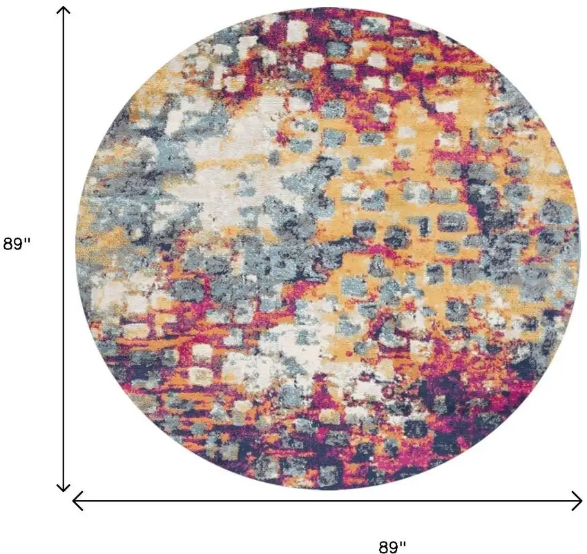 8' X 8' Yellow And Blue Abstract Round Rug Photo 3