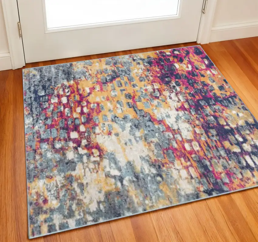 Yellow And Blue Abstract Square Rug Photo 1