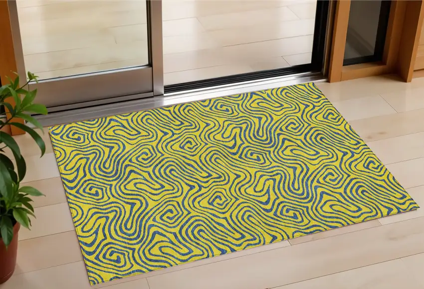 Yellow And Blue Abstract Washable Indoor Outdoor Area Rug Photo 1