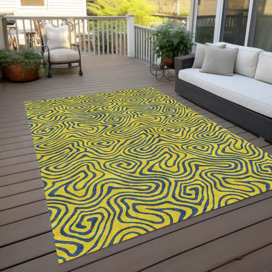 Yellow And Blue Abstract Washable Indoor Outdoor Area Rug Photo 9