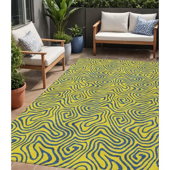 Yellow And Blue Abstract Washable Indoor Outdoor Area Rug Photo 1