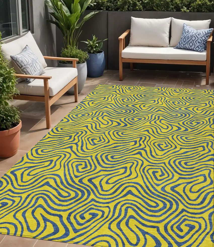 Yellow And Blue Abstract Washable Indoor Outdoor Area Rug Photo 1