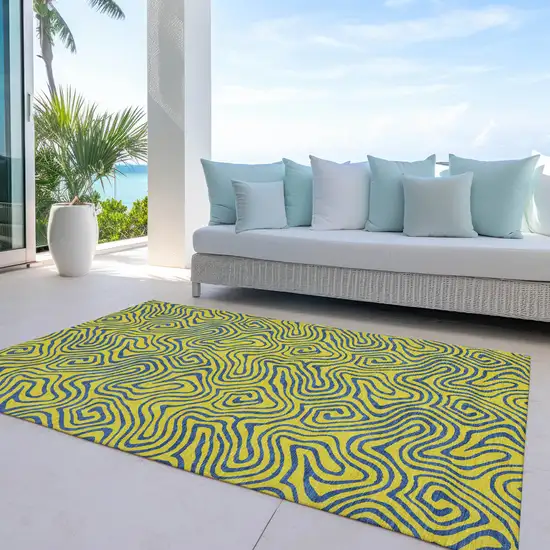 Yellow And Blue Abstract Washable Indoor Outdoor Area Rug Photo 9