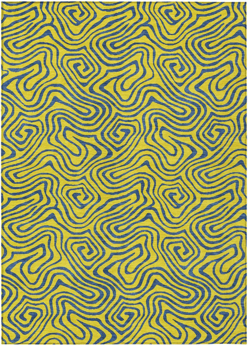 Yellow And Blue Abstract Washable Indoor Outdoor Area Rug Photo 2