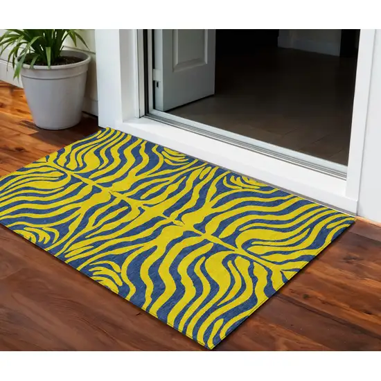 Yellow And Blue Animal Print Washable Indoor Outdoor Area Rug Photo 1