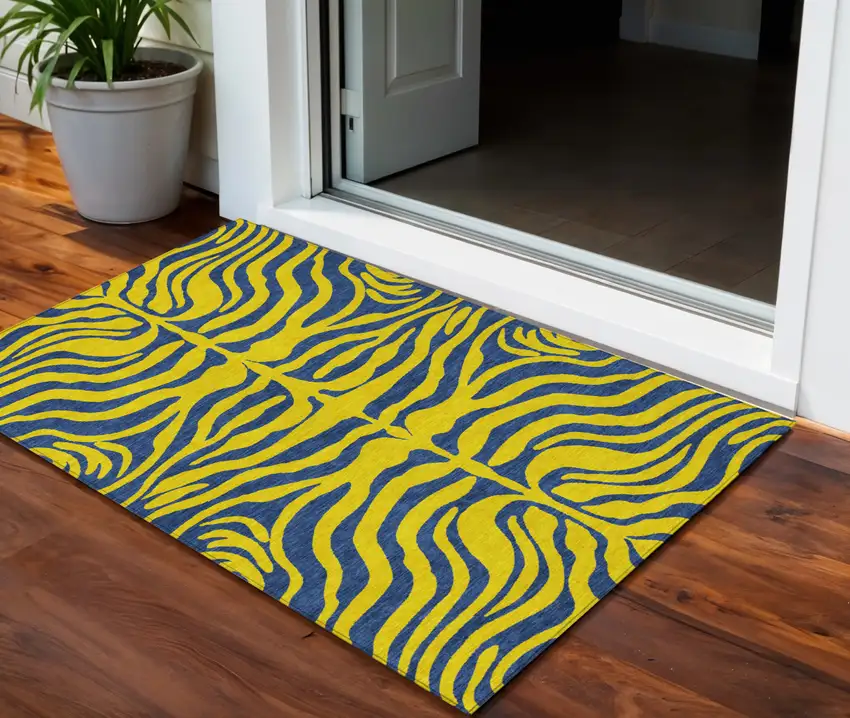 Yellow And Blue Animal Print Washable Indoor Outdoor Area Rug Photo 1