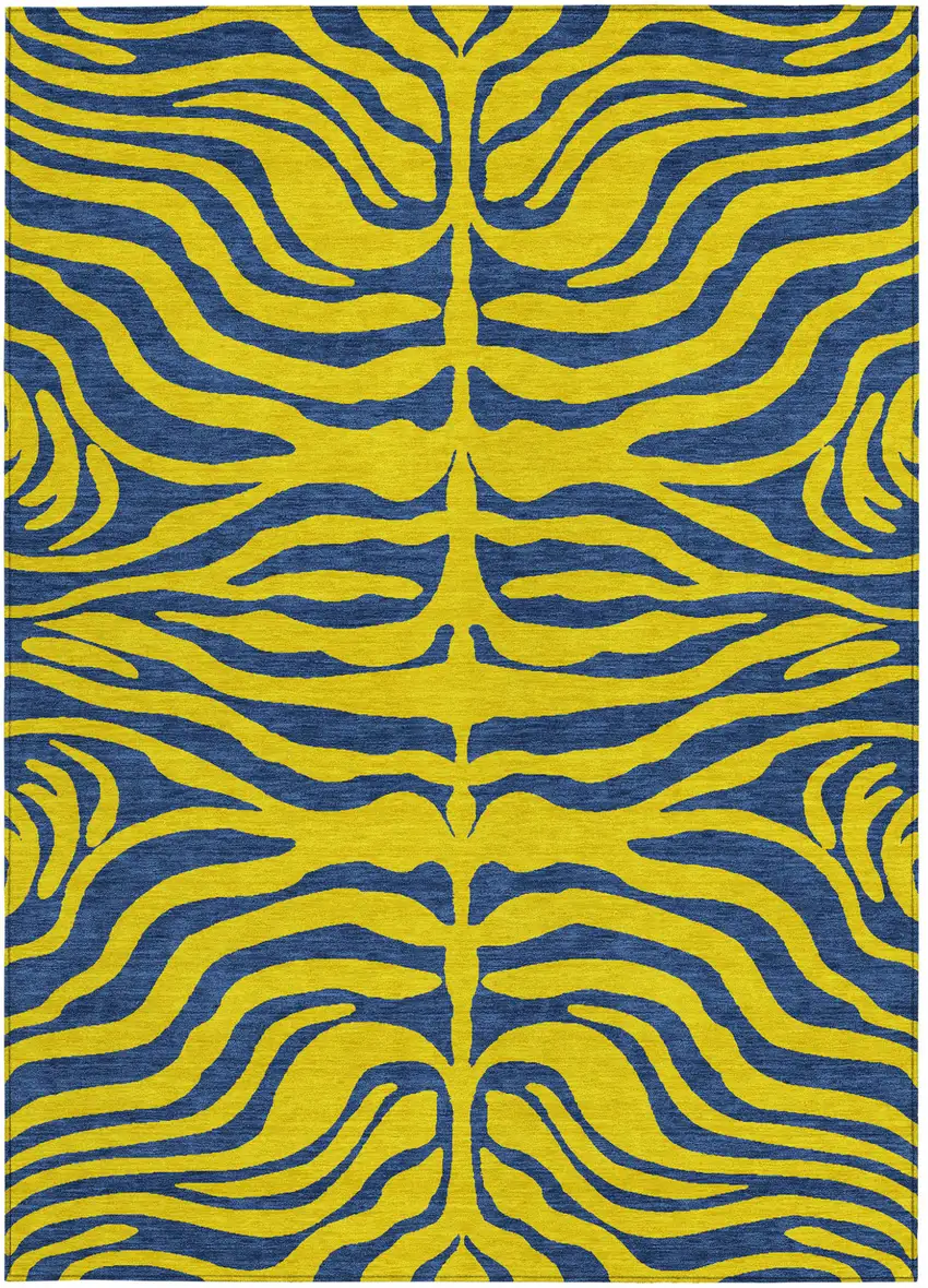 Yellow And Blue Animal Print Washable Indoor Outdoor Area Rug Photo 6