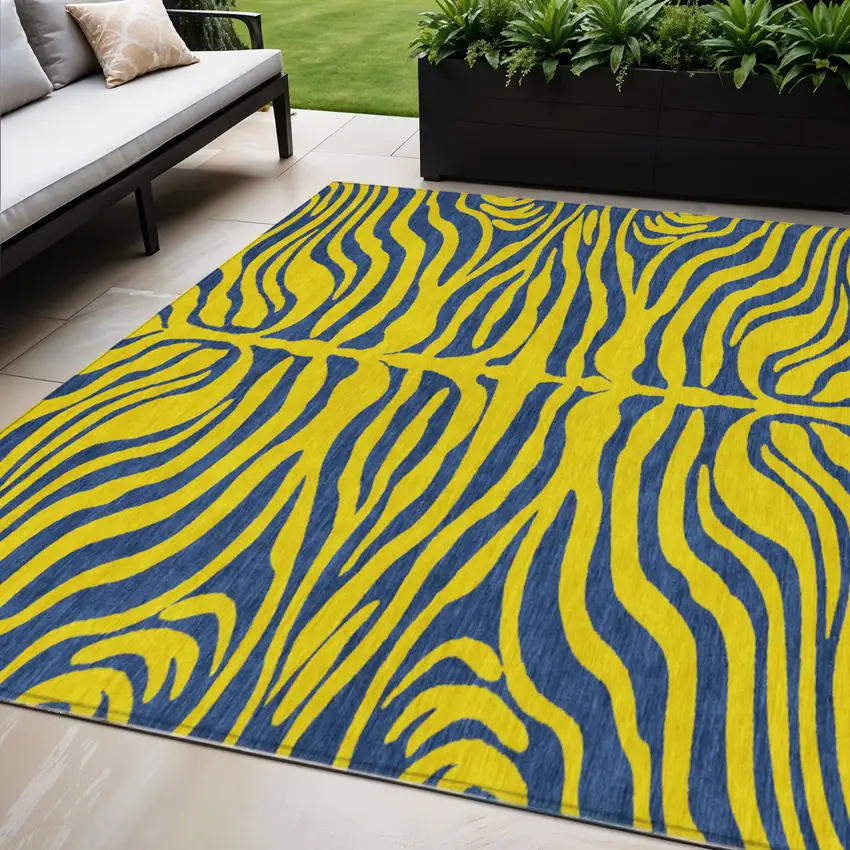 Yellow And Blue Animal Print Washable Indoor Outdoor Area Rug Photo 1