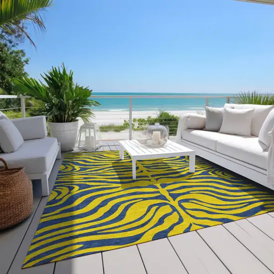 Yellow And Blue Animal Print Washable Indoor Outdoor Area Rug Photo 9