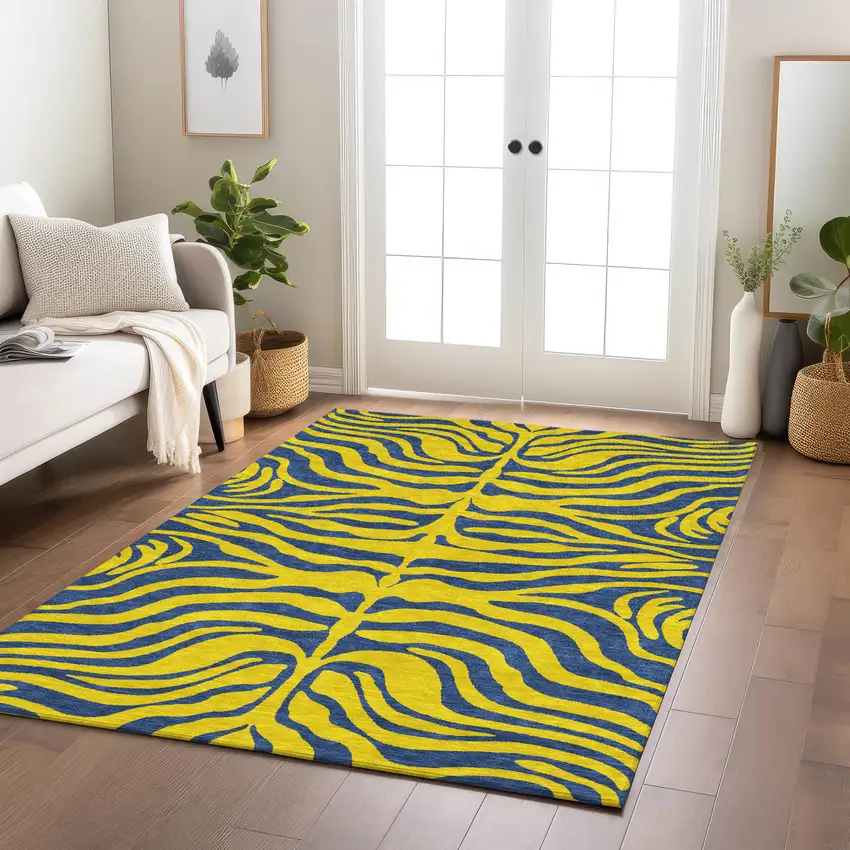 Yellow And Blue Animal Print Washable Indoor Outdoor Area Rug Photo 9