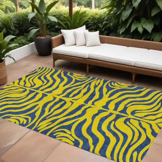 Yellow And Blue Animal Print Washable Indoor Outdoor Area Rug Photo 1