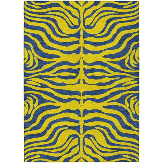Yellow And Blue Animal Print Washable Indoor Outdoor Area Rug Photo 2