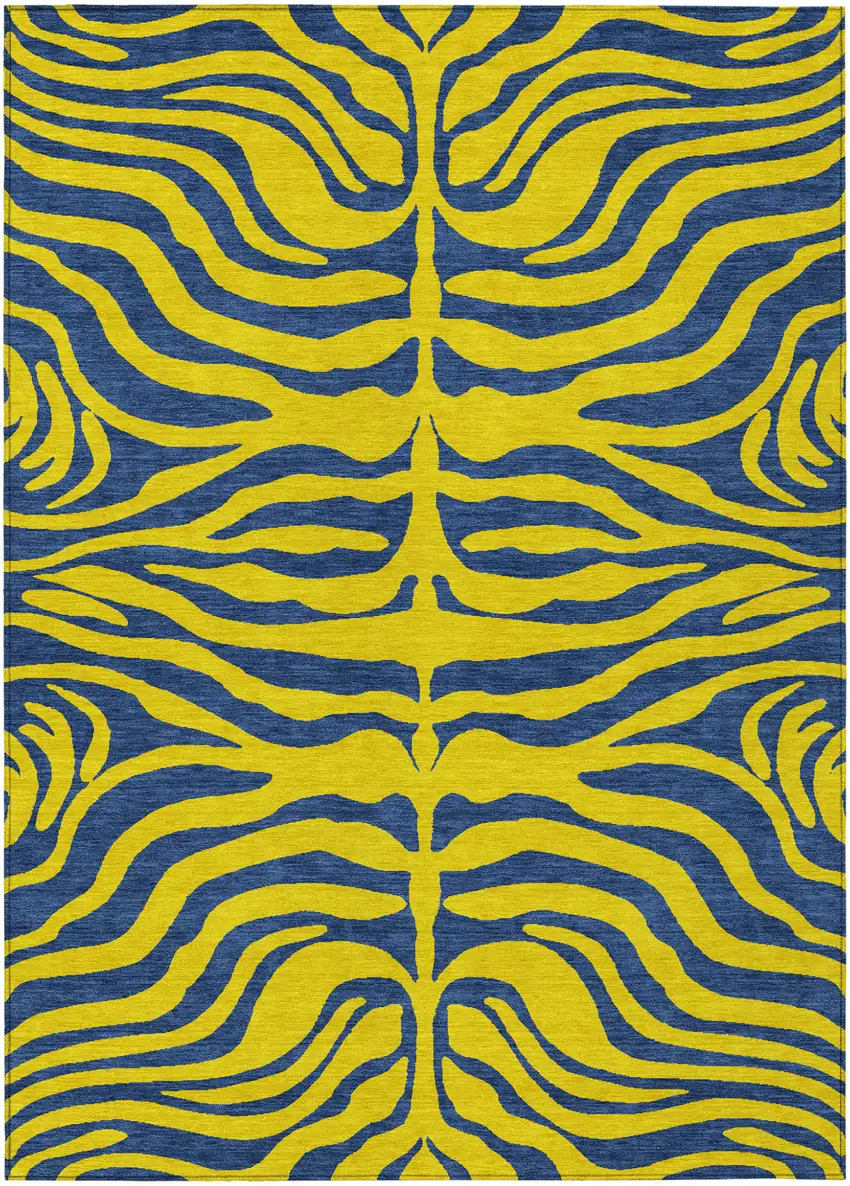 Yellow And Blue Animal Print Washable Indoor Outdoor Area Rug Photo 2
