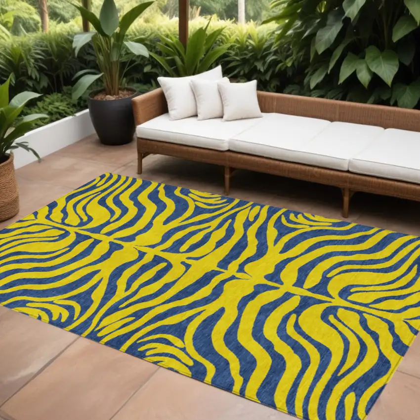 Yellow And Blue Animal Print Washable Indoor Outdoor Area Rug Photo 1