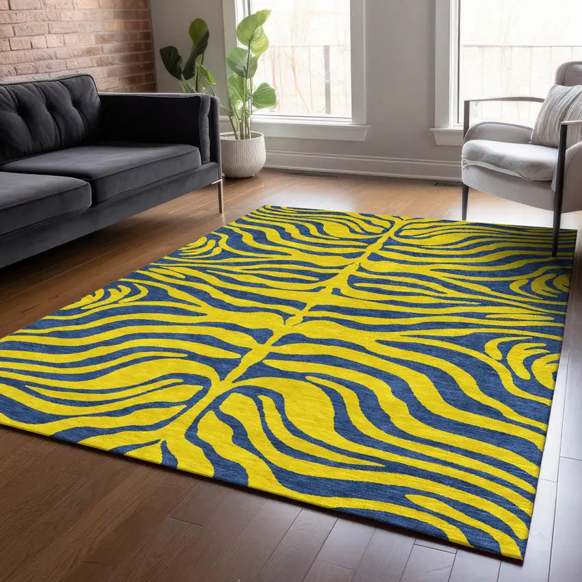 Yellow And Blue Animal Print Washable Indoor Outdoor Area Rug Photo 8