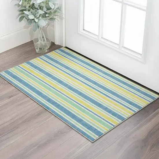 Yellow And Blue Striped Washable Area Rug With UV Protection Photo 2