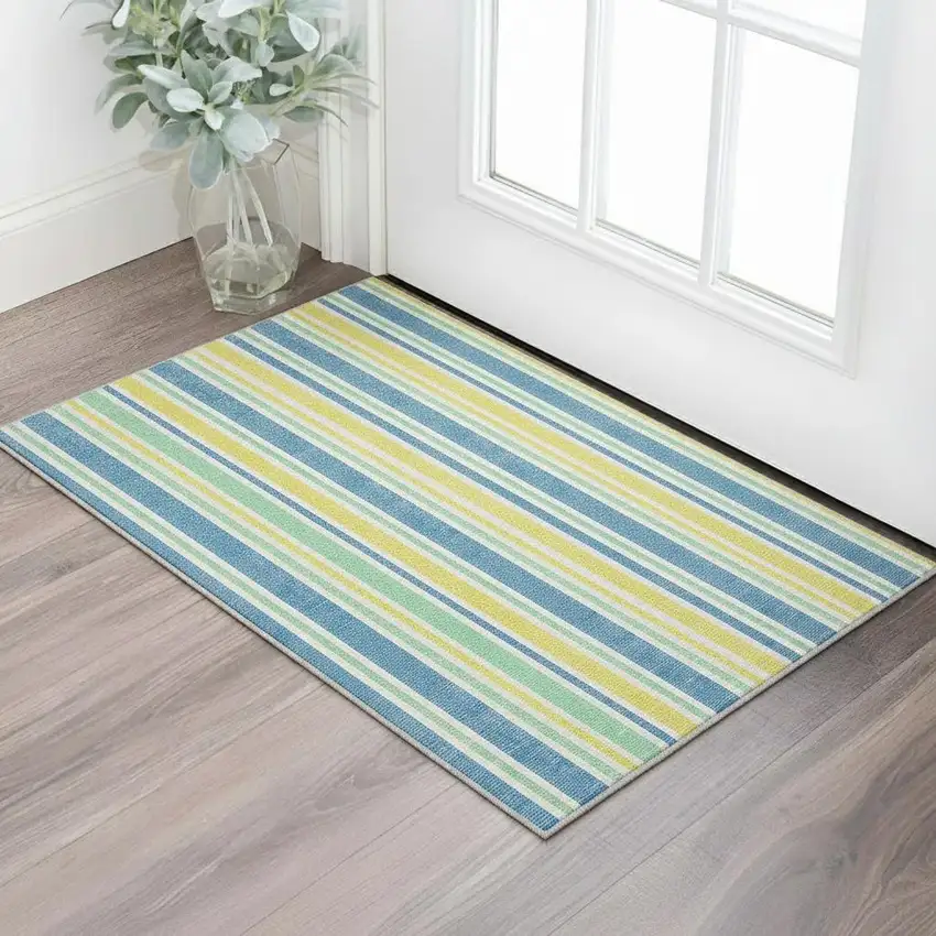 Yellow And Blue Striped Washable Area Rug With UV Protection Photo 2