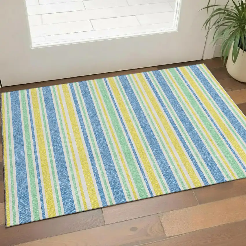 Yellow And Blue Striped Washable Area Rug With UV Protection Photo 1