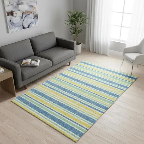 Yellow And Blue Striped Washable Area Rug With UV Protection Photo 2